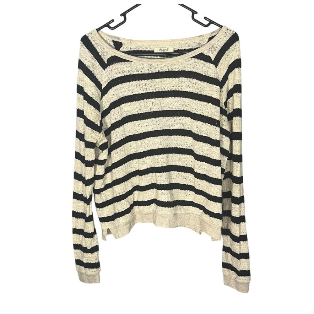 Madewell Women's Long Sleeve Top Cotton Linen Blend M Ivory/Black‎